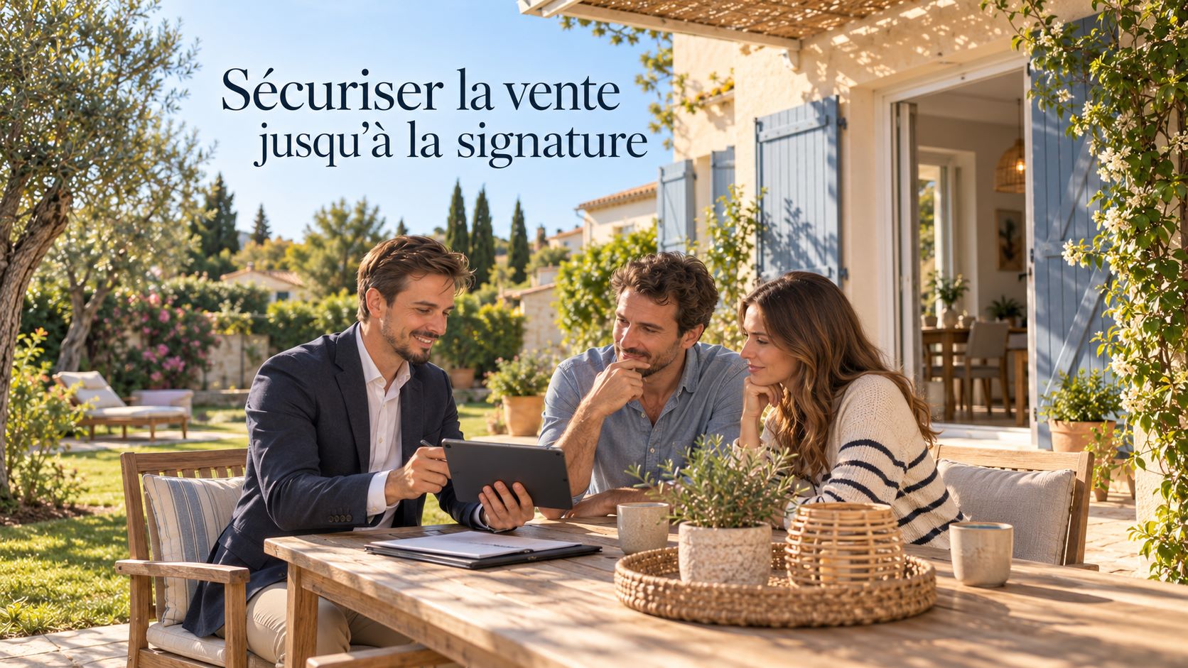 Échange avec un couple d'acquéreurs sur la terrasse pour sécuriser la vente jusqu'à la signature